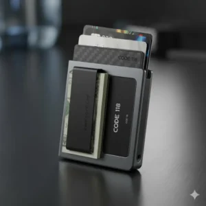 The code 118 slate gray wallet featuring a magnetic cash clip accessory attached to the back for carrying bills.