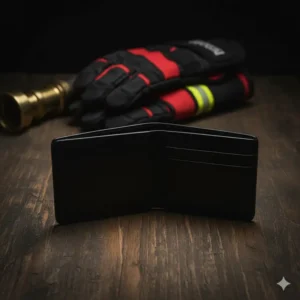 The back side of the premium leather fire badge wallet, showing stitching quality and the cash pocket opening.