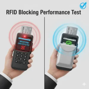A graphic illustrating a test where an RFID blocking reader is unable to scan a card within a reliable sleeve.