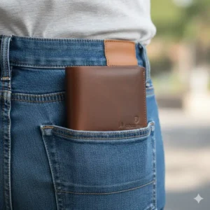 Photo showing the compact rfid tri fold wallet comfortably slipped into the back pocket of a pair of jeans.