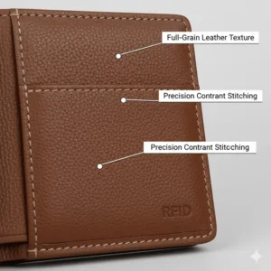 Macro photograph highlighting the premium grain and stitching of the material used for the rfid trifold wallet.