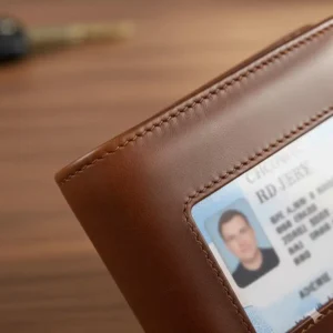 Detailed view of the premium leather texture of a mens wallet with ID window on outside, showcasing quality craftsmanship.