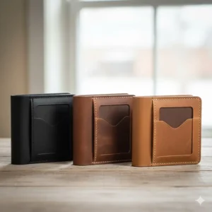 An organized display of three different colors of the leather bifold wallet with id window (e.g., black, brown, tan).