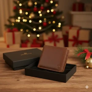 A new bifold wallet with id flap presented in its premium branded gift box, ready for holiday gifting.
