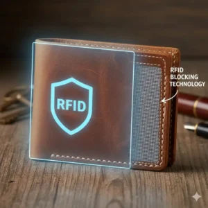 Cut-away view or icon indicating RFID-blocking technology inside the durable buffalo leather wallet construction.