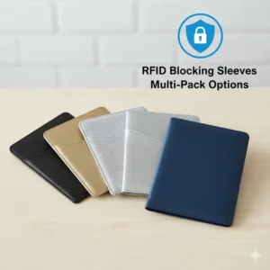 A variety of RFID blocking sleeves available in a multi-pack, including different colors and designs.