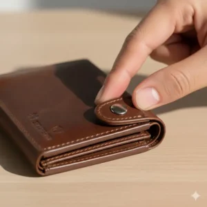 Detail of the secure snap closure mechanism on the rfid tri fold wallet, keeping contents safe.