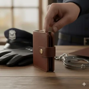 Side view showing the durable and secure snap closure on the custom badge wallet, keeping contents protected.