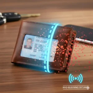 Illustration showing the RFID blocking feature of a mens wallet with ID window on outside, protecting personal information.