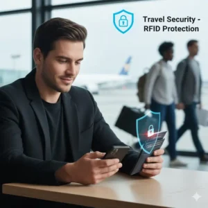 A traveler holding their phone and passport, emphasizing the importance of best RFID blocking sleeves for international security.