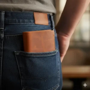 Men's buffalo leather wallet secured comfortably inside the back pocket of a pair of jeans.