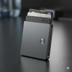 Lifestyle shot of the code 118 slate gray wallet being used as part of a sophisticated Everyday Carry (EDC) setup.