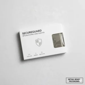 The complete retail packaging for a set of debit card sleeves, ready to ship.