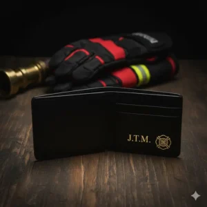 A personalized fire badge wallet with custom initials engraved on the leather, making it a perfect firefighter gift.