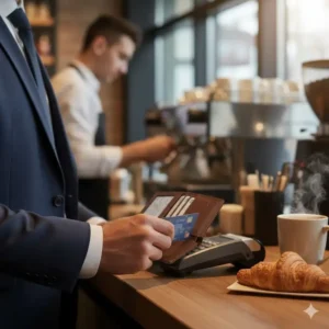 Man pulling a credit card from his bifold wallet with id flap to make a purchase at a coffee shop.