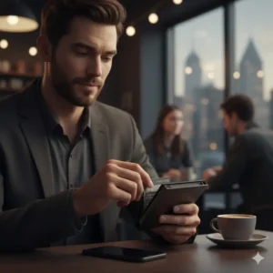 A person using the rfid aluminum wallet to pay at a counter, demonstrating its everyday lifestyle convenience.