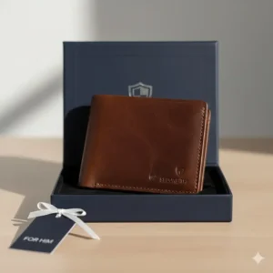 The elegant gift box packaging for the new men's rfid tri fold wallet, ready for gifting.