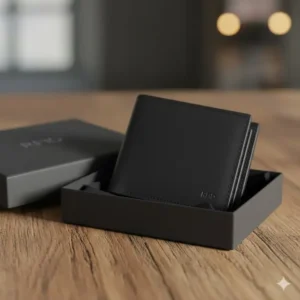 The new rfid trifold wallet packaged neatly inside its branded retail gift box, ready for presentation.