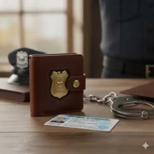 Photo comparing the compact size of the folded custom badge wallet to a standard driver's license.