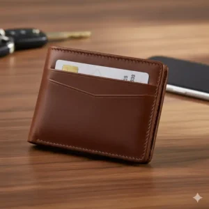 Backside view of a brown mens wallet with ID window on outside, showing an additional exterior card slot.
