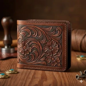 Detailed close-up of the traditional floral carving on a western bifold wallet