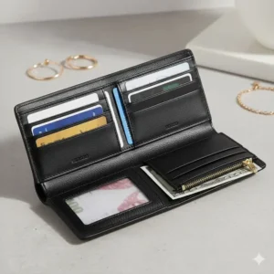 View of the spacious inside of the black female wallet, highlighting multiple card slots and secure ID window.