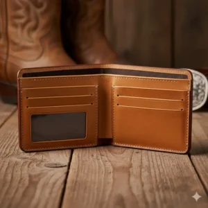 Interior view of a mens leather western billfold showing multiple card slots and an ID window.