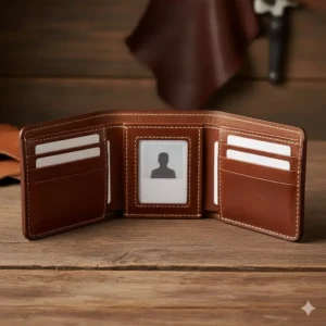 Internal layout of a tri fold western wallet showing card slots and ID window.