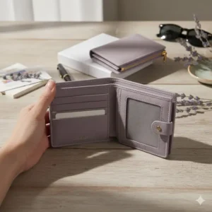 View of the interior of the lavender wallet showing multiple organized credit card slots and clear ID window.