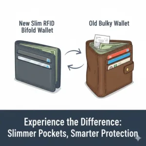 $\text{A side-by-side comparison illustrating the slimness of the rfid bifold wallet versus a traditional thick wallet.}$