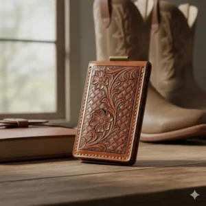 Slim western money clip made of hand-tooled brown leather with a classic basketweave pattern.