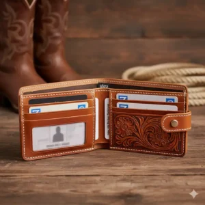 Open view of the western leather wallets interior, highlighting the multiple card slots, ID window, and RFID blocking technology.