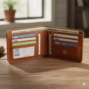 Detailed view of the open interior of the womens brown leather wallet, showing multiple card slots and a clear ID window.