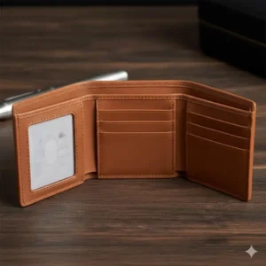 Interior view of the brown high quality trifold leather wallet, showing multiple card slots and the clear ID window.