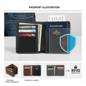 Showing a thin passport wallet barely visible inside the front pocket of jeans, highlighting its non-bulky design.