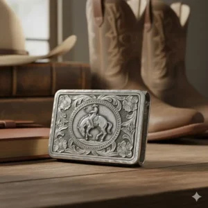 Close-up of a cowboy-style western money clip featuring a polished metal finish and scrolling accents.