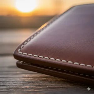 Close-up of the durable reinforced stitching on a premium mens leather western billfold.