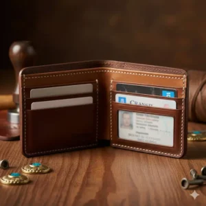 The interior view showing card holders and bill compartments of a western bifold wallet.