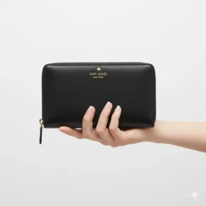 Illustration 2: A person holding a kate spade continental wallet to demonstrate its actual size and slim profile.