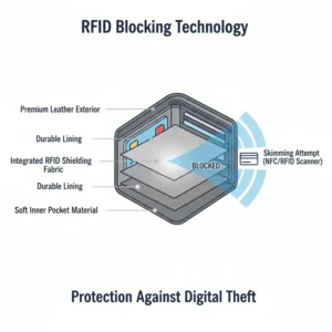 $\text{Diagram showing the internal materials that provide the signal protection in the rfid bifold wallet.}$