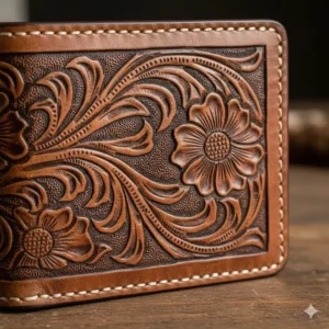 Close-up detail of the embossed leather pattern on a tri fold western wallet.