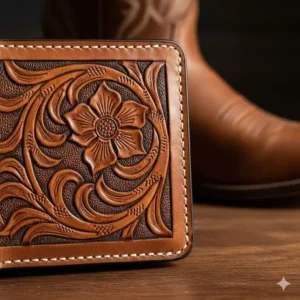 Close-up detail of the hand-tooled full-grain leather texture used on the durable western leather wallets.