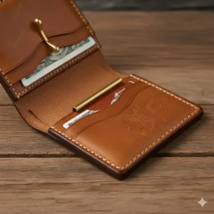Interior view of a western money clip wallet showing card slots and the metal clip.