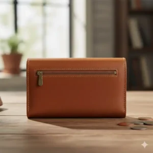 Back view of the stylish womens brown leather wallet featuring a convenient zippered compartment, perfect for holding coins or small change.