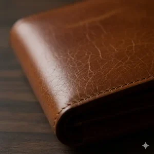 Close-up texture shot of the genuine leather, highlighting the material of the high quality trifold leather wallet.