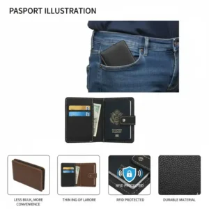An overhead view of the open thin passport wallet, showcasing slots for a passport, four credit cards, and folded currency.