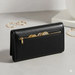 Rear view of the black female wallet featuring an easy-access external zipper coin pocket.