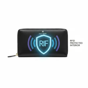 Illustration 3: Graphic highlighting the RFID-blocking technology inside the kate spade continental wallet for data security.
