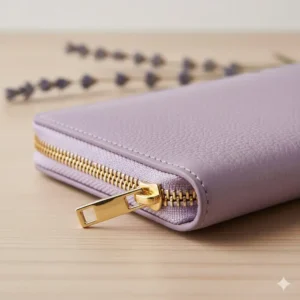 Detailed image focusing on the high-quality gold metal zipper and stitching of the small lavender wallet.