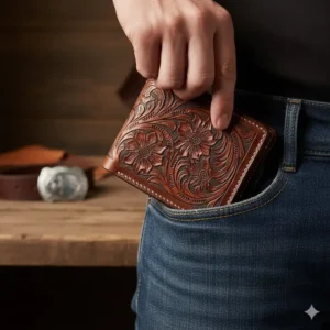 A person putting a brown leather tri fold western wallet into their back pocket.